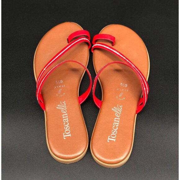 Toscanella Women's Slip-On Flat Sandals Size 6.5 Red Rhinestone Straps Summer - Picture 5 of 8